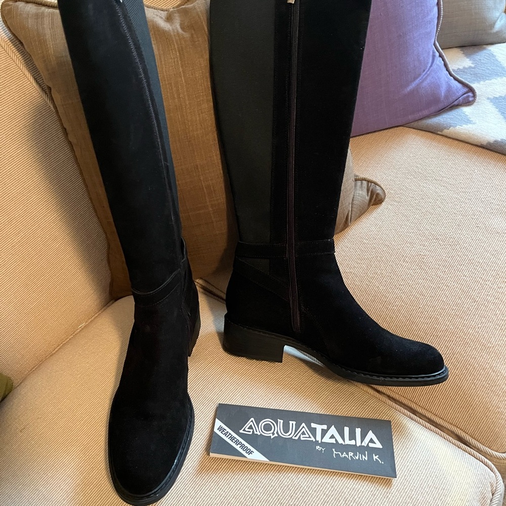 Aquatalia Black Suede/Stretch Heeled Boots